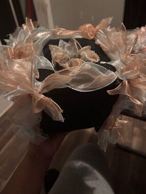 Elegant Ribbon Flower Tissue Box in Peach and Ivory. 123